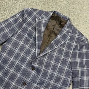 Lubiam Blazer Sport Coat Mens 54R Blue Plaid Silk Wool Blend Window Pane Italy